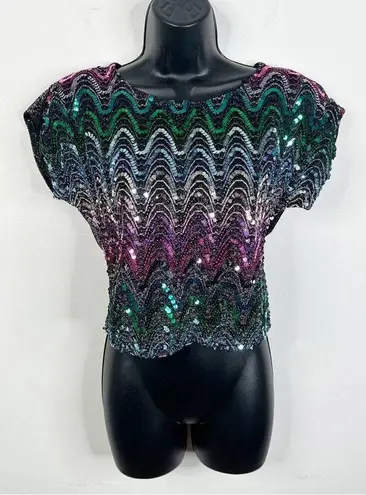 Vintage Rio Blouse Rainbow Sequin Shimmer Short Sleeve Shirt Size Small Pink