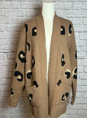 Les Serein Women's L Tan Leopard Knit Open Front Cardigan Chiccore Cozy Size L