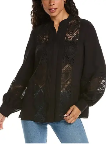 Lafayette 148 New York Boheme Lace Inset Silk Blouse Top Button Front Small