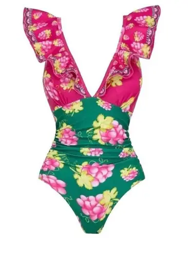 2 Piece Ruffle Sleeve High Waist Bodysuit Wrap Skirt Tropical Cover Up Sz L NWT Pink Size L