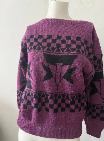 Esprit crew neck Purple & Black Aztec pullover wool blend Checkered Sweater S