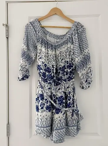 Anthropologie  Clemente Off Shoulder Floral Belted Romper Blue White