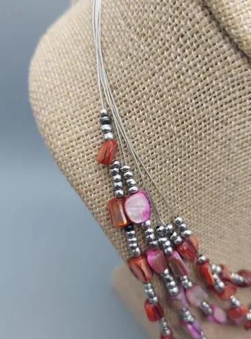 Beachy Silver Tone Pink Dyed Abalone Shell Multi Strand Wire Collar Bib Necklace