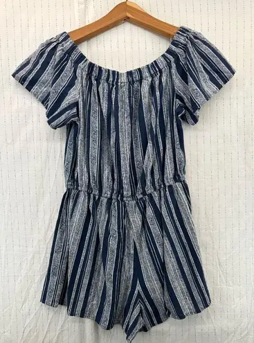 Bebop  Womens Romper Sz L Blue Striped Linen Blend Tassel Tie Waist Modern Beachy