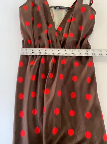 ZARA  Dress Womens X Small Brown Red Polka Dot Surplice Midi