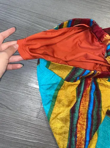 Cider Medium Boho Teal Red Green Multi Smocked Bandeau Top and Wide Pants Set