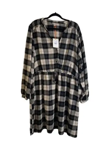 Knox Rose  Size 2X Long Sleeve Plaid A-Line Shirt Dress Pockets NWT Black Cream