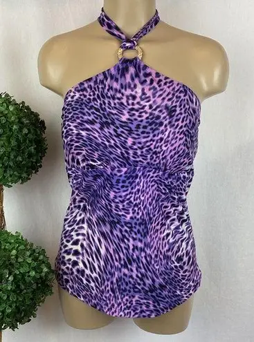 Dana Buchman Purple & Black Animal Print Halter Tankini Swim Bathing Suit Top 10