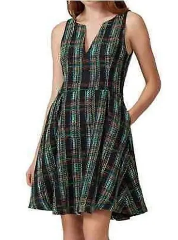 Slate + Willow Classic Plaid Green w/ Neon Stripe Accents Tweed Sleeveless Dress