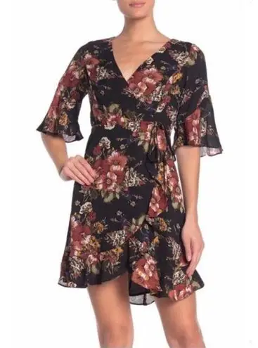 June and Hudson Wrap Mini Dress Floral Print Black Orange Brown Size L NWT $90