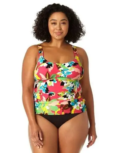 Anne cole Womens Easy Ring Tri Tankini Swim Top Removable Cups Pink Colorful 18W