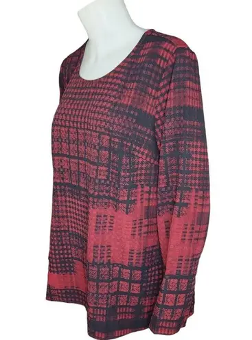 Denim & Co . Patchwork Plaid Stretch Woven Blouse Redwood Print Womens Large NWOT