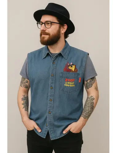 Looney Tunes Vintage Taz Devil Denim Vest Embroidered Cartoon Size 18/20W