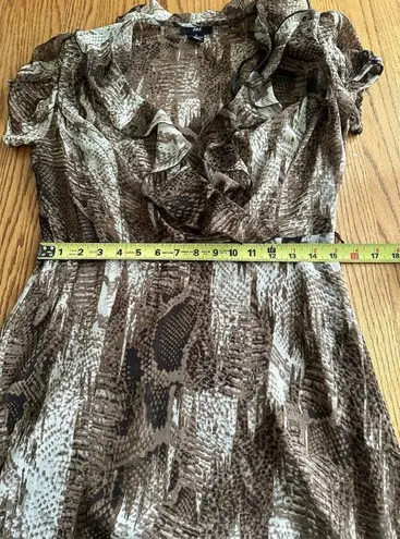 Vintage Y2k 90S Snakeskin Animal Print Ruffles Midi Dress Sheer Shoulder Pads 10 Brown Size undefined