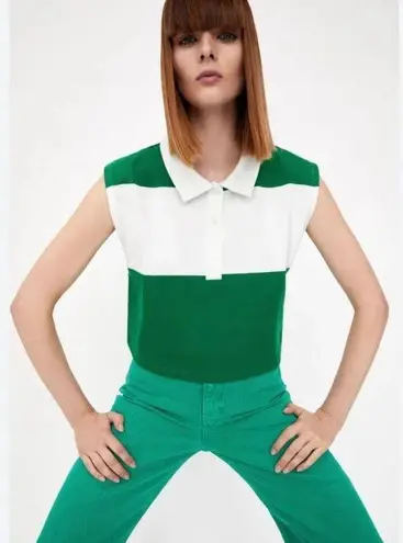 ZARA  NWT Green and White Polo Cropped Tank Golf Tennis Preppy Collared Shirt