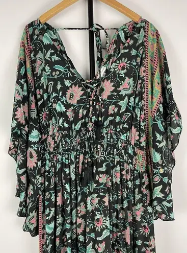 Karma Highway Black Teal Paisley Butterfly Short Sleeve Tiered Maxi Dress OS Size undefined