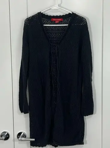 Gloria Vanderbilt Medium Black Open Front Knit Long Sleeve Tie Cardigan
