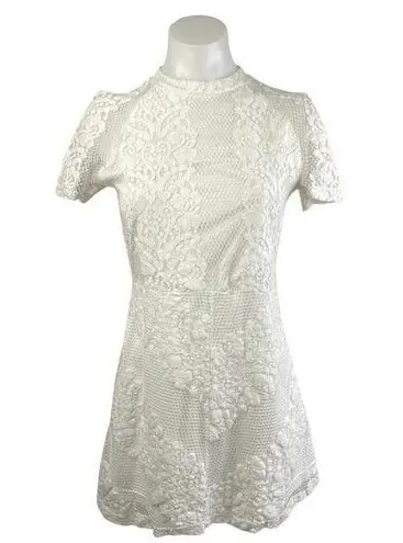 Glamorous White Lace Mock Neck Short Sleeve Sheer Mini A-Line Dress Size M