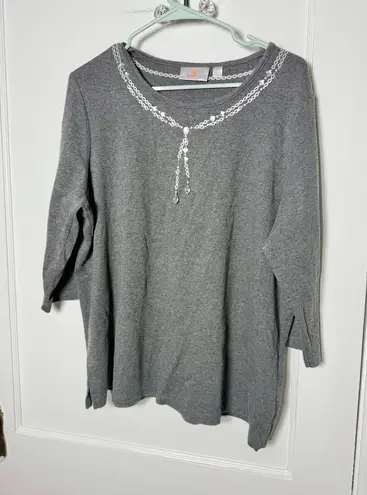 Quacker Factory Gray Beaded 3/4 Sleeve Embellished Glam T-shirt Women's XL - Image 1