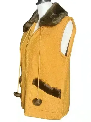 Vintage 90s Mustard 100% Boiled Wool Brown Faux Fur Collar Vest. Size Medium EUC Yellow