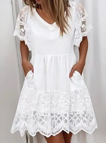 Women's Midi Dress White Lace Sleeves Wedding Lined V