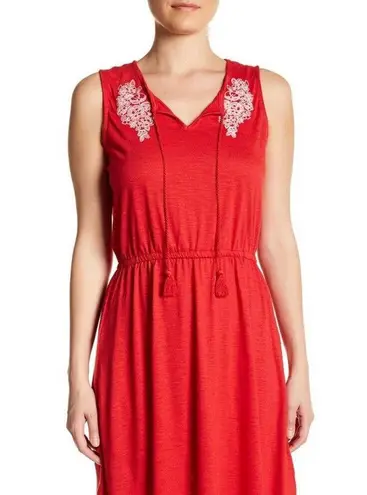 Joe Fresh Dress XL Bright Red White Embroidery Keyhole Tassel Tie Closure New