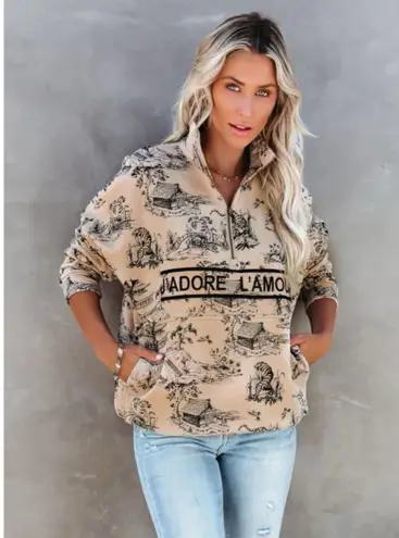 Ellandemm J’Adore L’amour French Toile Half Zip Beige Pullover Sweatshirt Black