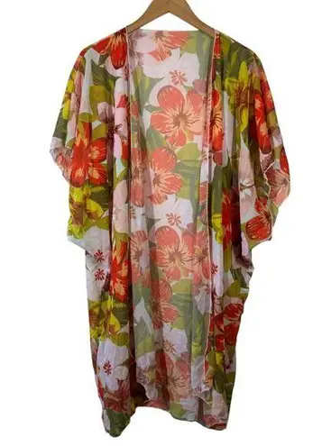 Tropical Kimono Women OS Orange Green Hawaiian Floral Short Sleeve Beach Pool Size undefined