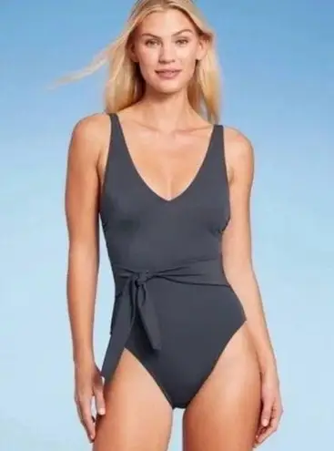 Shade & Shore Tie Front Wrap One Piece Swimsuit In Slate Blue By 