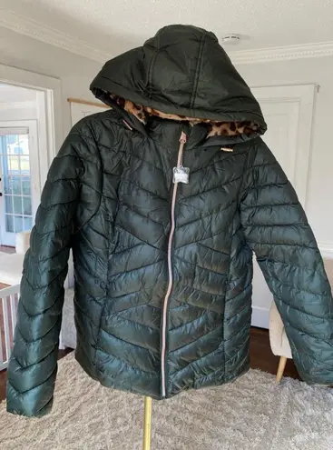 Big Chill Quilted Down Coat Dark Green Leopard Faux Fur Hood Streetwear City Y2K Size L