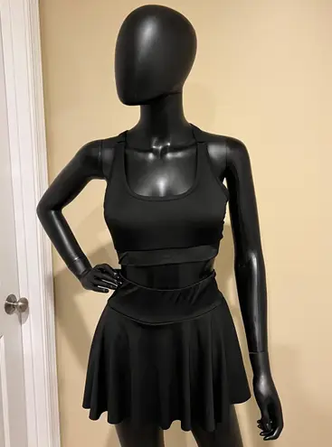 Two pieces Gym Set High Waist Mini Skort Built In Shorts Sport Bea Bustier Top Black