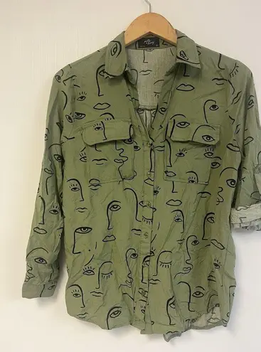 Milk & Honey Shirt Oversized Olive Size S Face Drawing Silhouette Abstract Green