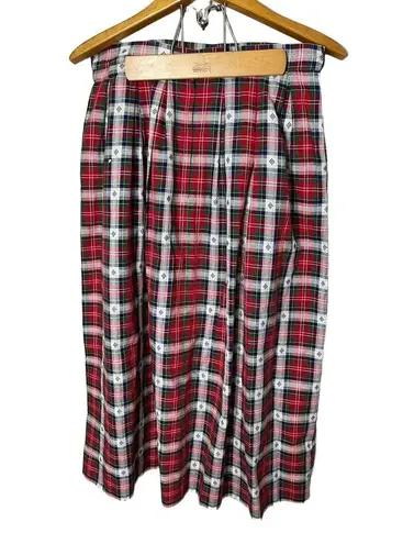 Susan Bristol Vintage Red Green Plaid Pleated Christmas Maxi Skirt USA Size 14