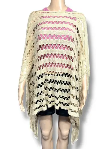 Gena Womens Poncho Sweater Loose Open Knit Pullover Fringe Beige Gold One Size Size undefined