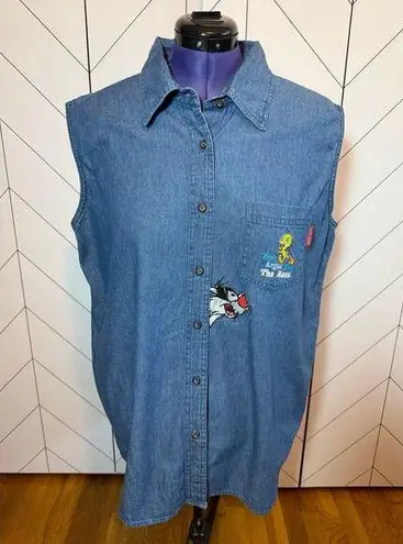 Looney Tunes 90s Women’s 18 - 20 W Plus Size Cotton Denim Sleeveless Button Down