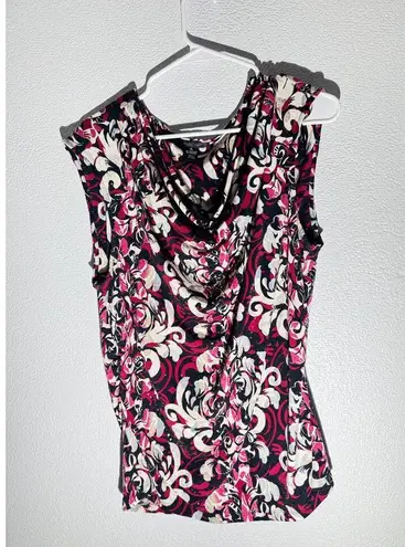 Black, White & Magenta Baroque Print Sleeveless Cowl Neck Blouse XL Pink