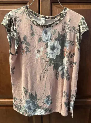 Leopard Trim Floral Women's Short Sleeve Top Pink Size 1X