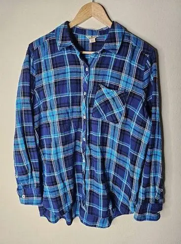 Woolrich  Blue Flannel Shirt Long Roll Tab Sleeve Button up Pocket Womens Size XL