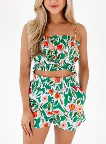 English Factory Floral Print Crop Top &High Rise Shorts Set Green Women's Medium