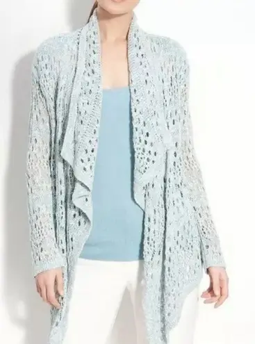St. John knit crochet blue draped long sleeve cardigan sweater ruffle large