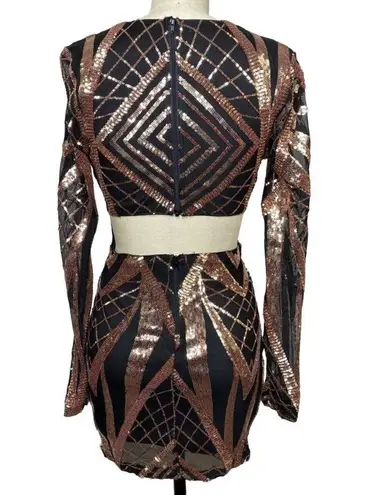 BANJUL Dance The Night Away Sequin Long Sleeve Mini Dress Black Gold Size Large