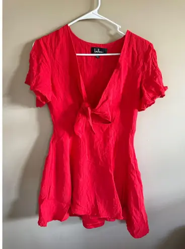 Lulus Red Mini Dress Tie Front Short Sleeve Casual Party Cocktail Women's
