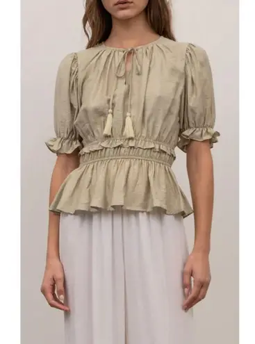 Moon River Womens Tie Front Puff Sleeve Ruffle Peplum Blouse Sage Green Large