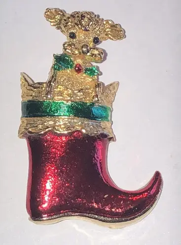 Gerry's Festive Gold Tone and Red Enamel Poodle Dog Stocking Brooch