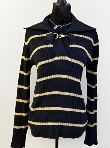 Ralph Lauren Black Gold Metallic Striped Rib Knit Sweater Y2K Preppy Size Size L