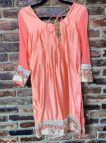 Handmade Coral Pink Gold Embellished Long Sleeve Dress w/ Wrap Scarf Size 6