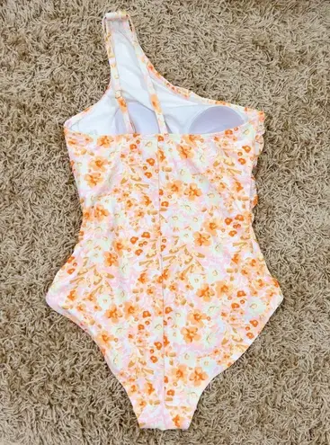 Kona Sol Orange Floral One Shoulder High Coverage One Piece Swimsuit Size M