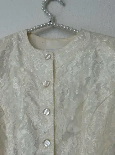Gunne Sax Ivory Button Front Floral Lace Puff Sleeve Blazer Vintage *TINY FLAW