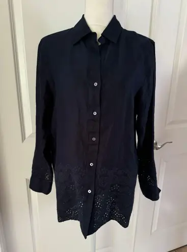 Elie Tahari Lesley Linen Eyelet Shirt in Navy