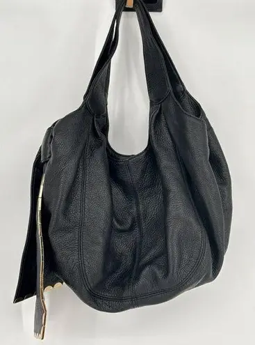 Gianni Bini  Black Leather Hobo Bag With Leopard Print Lining & Gold Scallop Trim